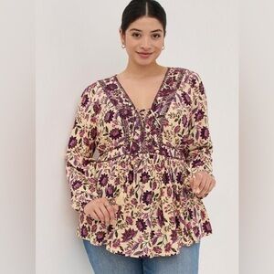 Torrid Babydoll Embroidered Lace-Up Top Women’s- Size 2